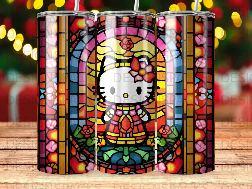 Hello Kitty in a stained glass window with floral motifs.