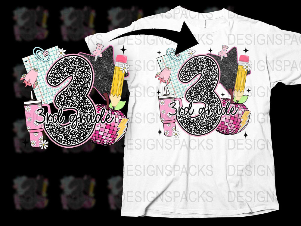 3rd Grade Teacher T-Shirt Pink Glitter Pencil Design Kids School Tee Black White