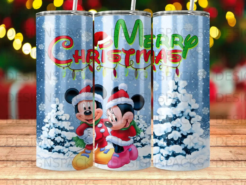 Mickey and Minnie Mouse with "Merry Christmas" text on a tumbler with snowy trees.