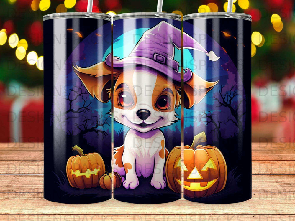Cute puppy wearing a witch hat with pumpkins and spooky forest background.