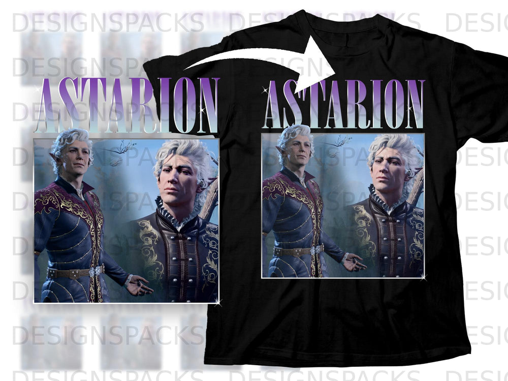 Astarion text above two portraits of the Baldur's Gate character on a black t-shirt.