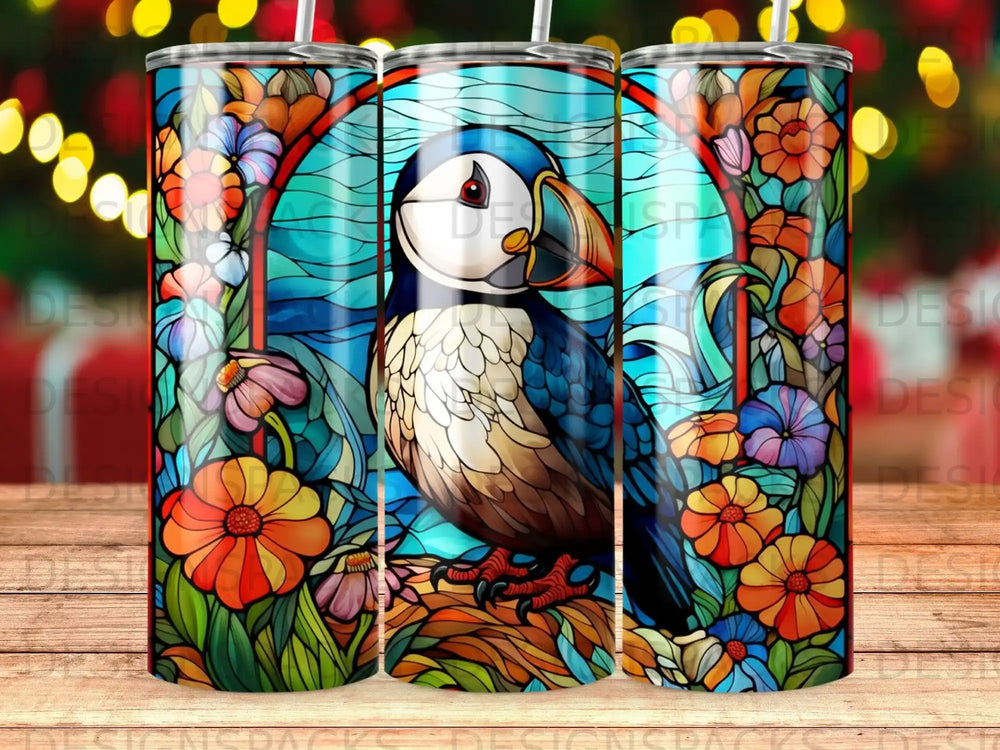 Stained glass style puffin surrounded by colorful flowers and archway.