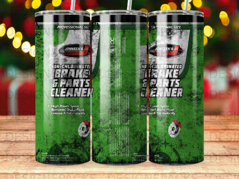 Johnsen's brake cleaner can with "Brake & Parts Cleaner" and product warnings.