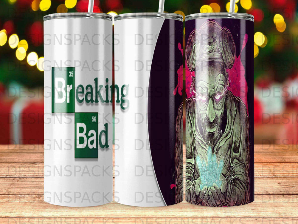 Breaking Bad tumbler featuring Heisenberg character holding glowing blue crystals.