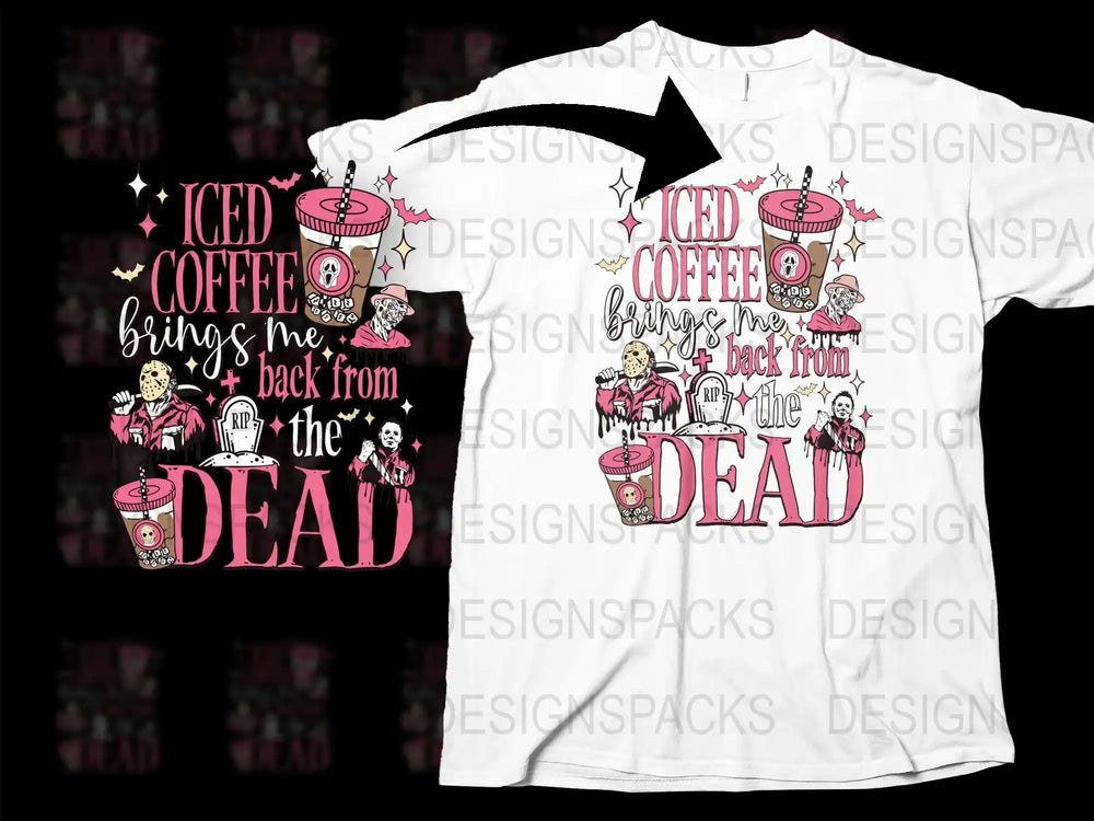 Iced Coffee Brings Me Back From The Dead T-Shirt, Gothic Graphic Tee, Funny Coffee Lover Gift, Unique Halloween Apparel, Unisex Shirt Design