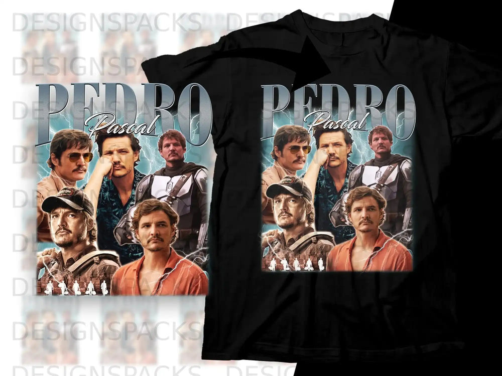 Collage of Pedro Pascal in various roles on a black t-shirt.