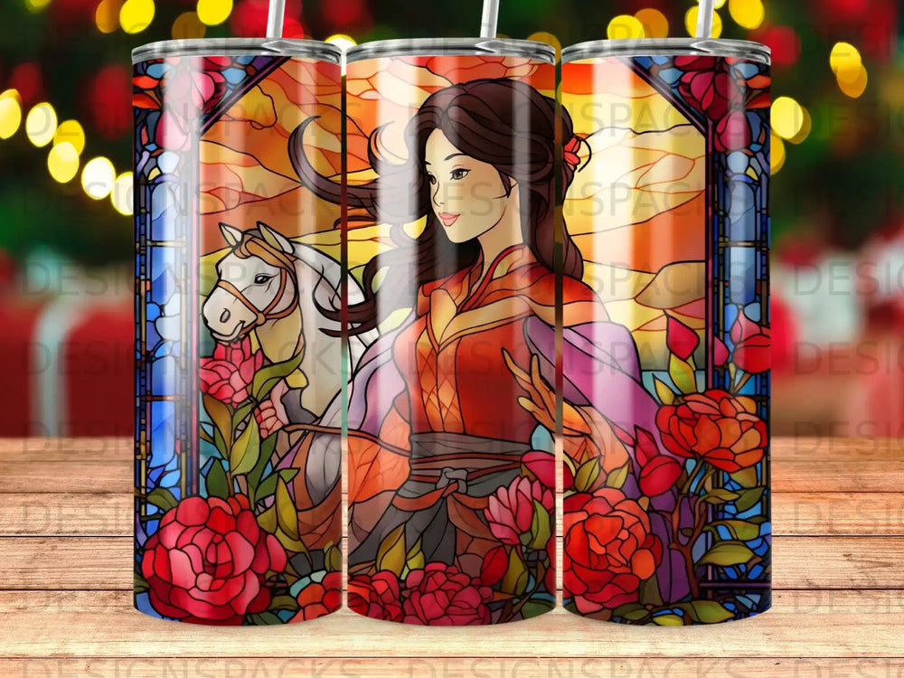 Woman with horse and flowers on a stained glass background.