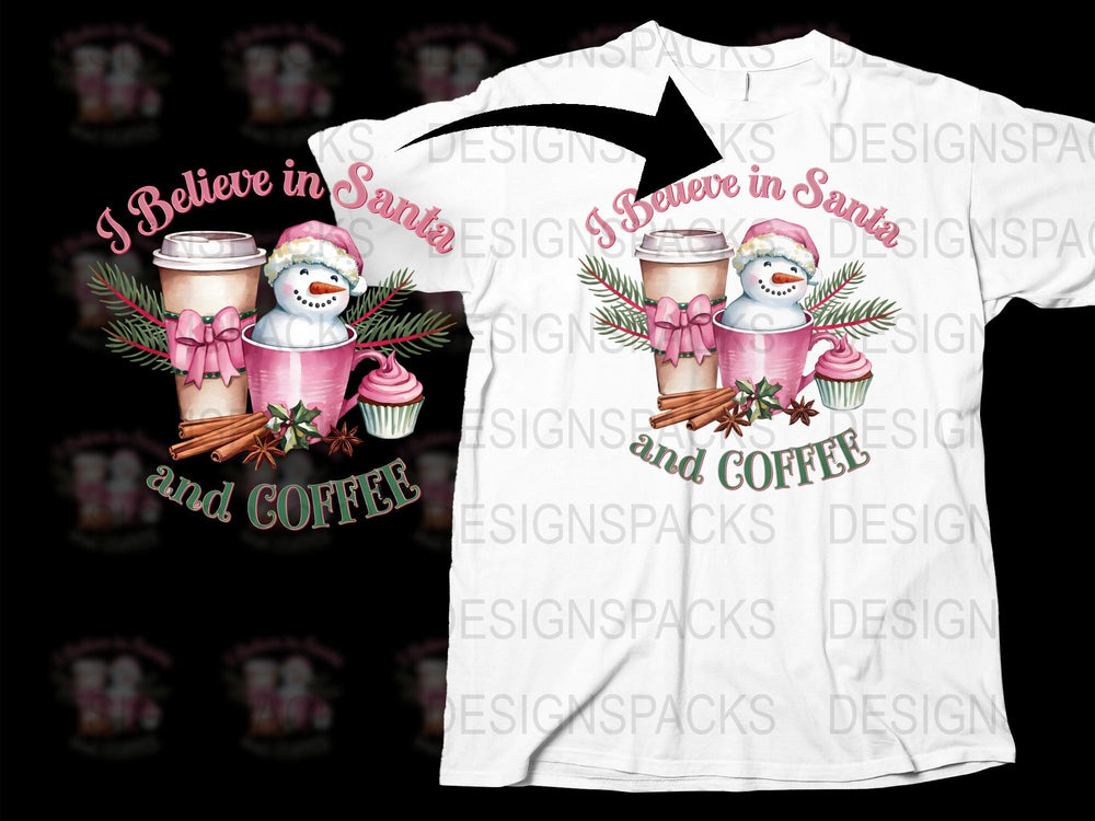 Christmas Coffee and Snowman T-Shirt, I Believe in Santa Graphic Tee, Festive Winter Apparel