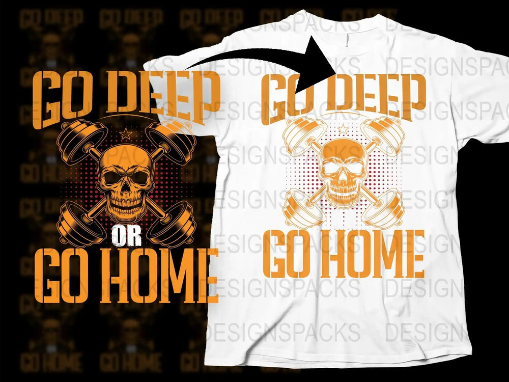 Go Deep or Go Home Skull T-Shirt, Orange and Black Graphic Tee, Urban Streetwear, Men's Fashion Top