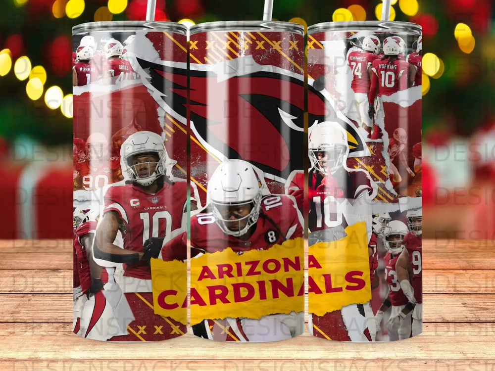 Arizona Cardinals players on a tumbler with team logos and red, white, and yellow accents.