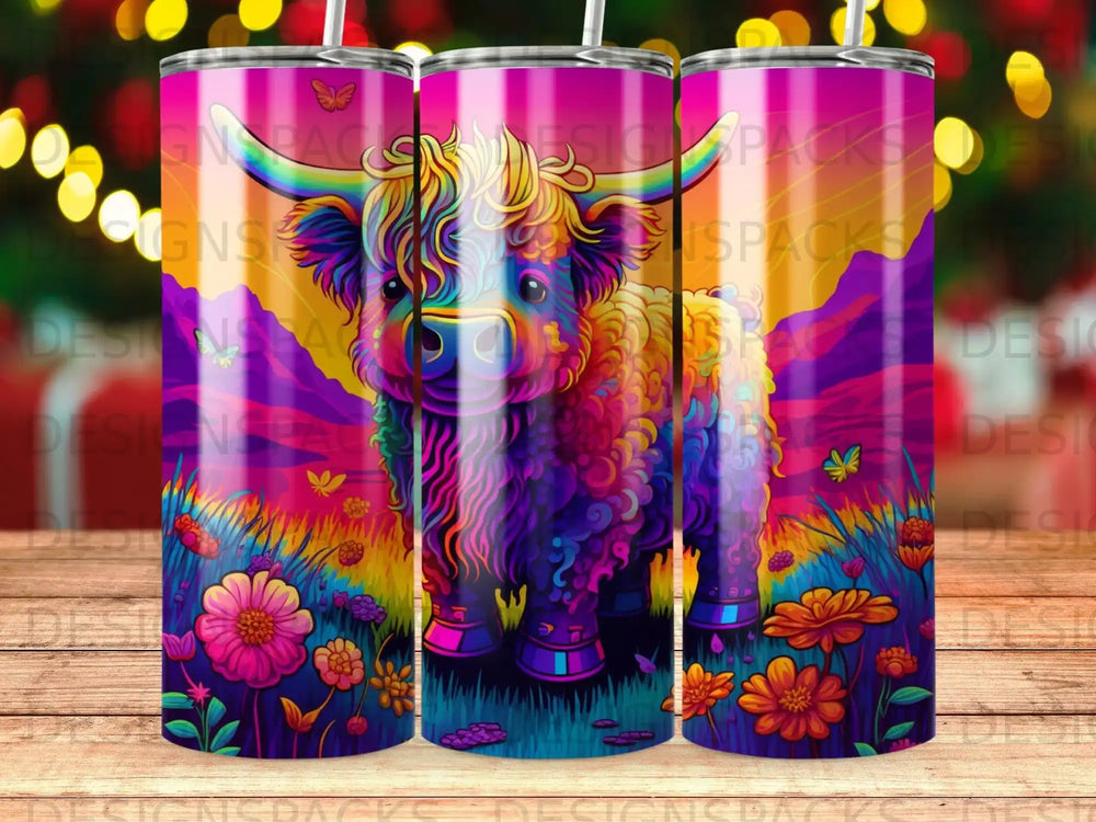 Colorful Highland cow with rainbow mane in a field of flowers.