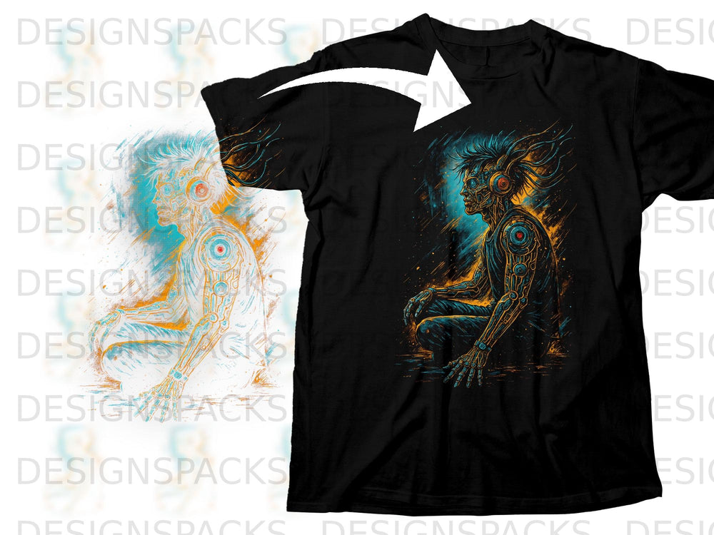Black t-shirt featuring a colorful cyborg person with headphones and mechanical limbs.