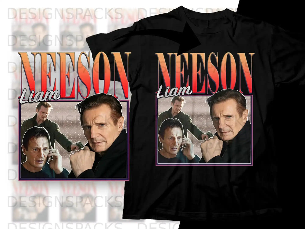 Liam Neeson graphic t-shirt featuring movie stills and his name.