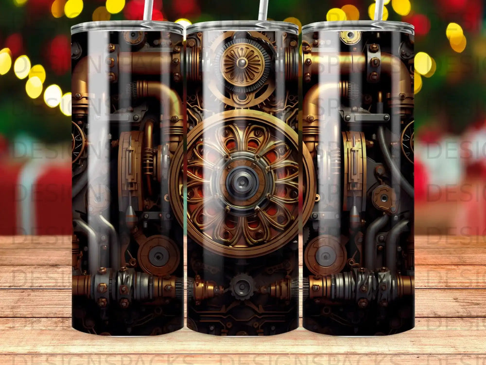Steampunk gears and pipes design on a skinny tumbler.