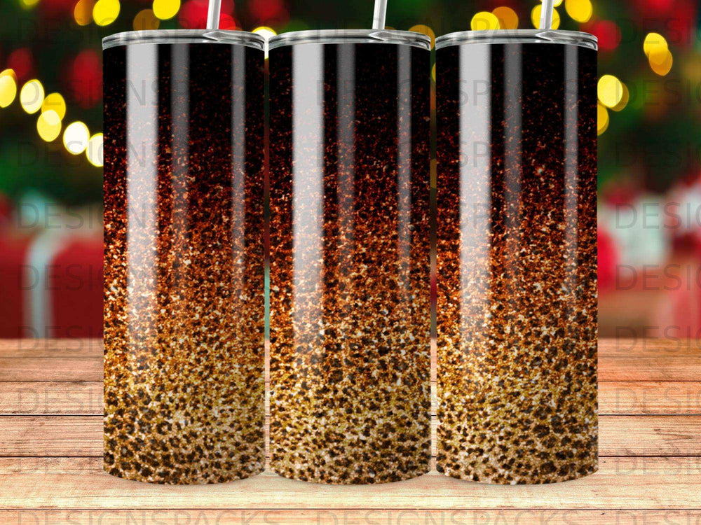 Three glittery tumblers with ombre brown and gold sparkle effect.