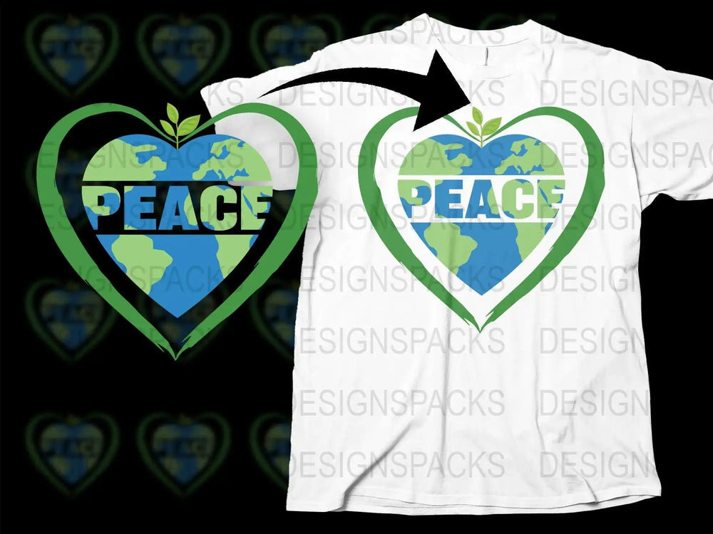 Earth Love Peace T-Shirt, Eco-Friendly Global Harmony Graphic Tee, Heart Shaped World Design, Environmental Activist Apparel