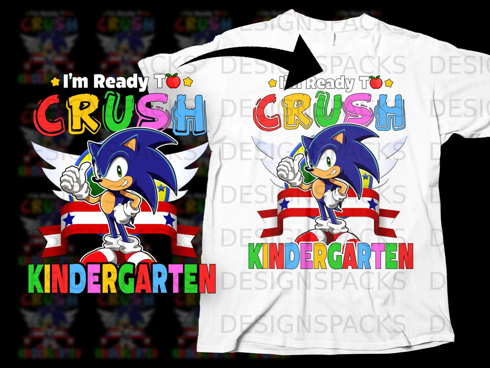 Sonic the Hedgehog is ready to crush kindergarten with colorful text and patriotic ribbons.
