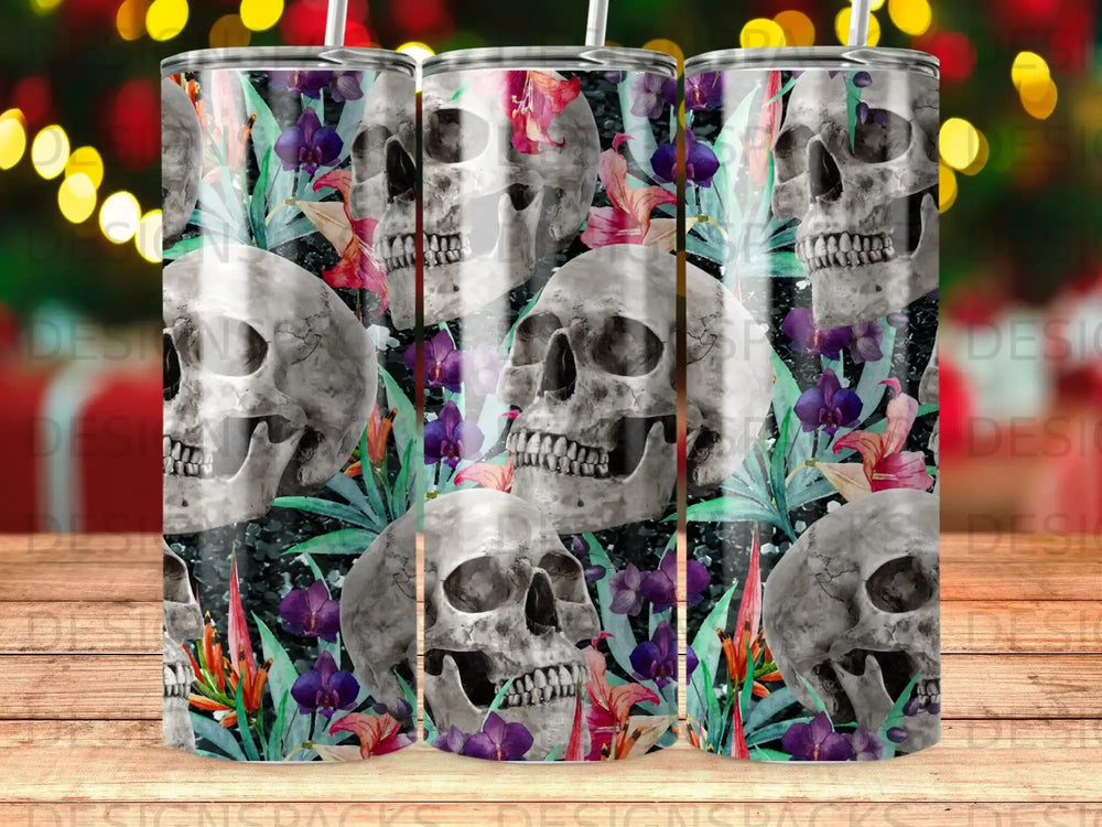 Skulls and tropical flowers pattern on a tumbler.