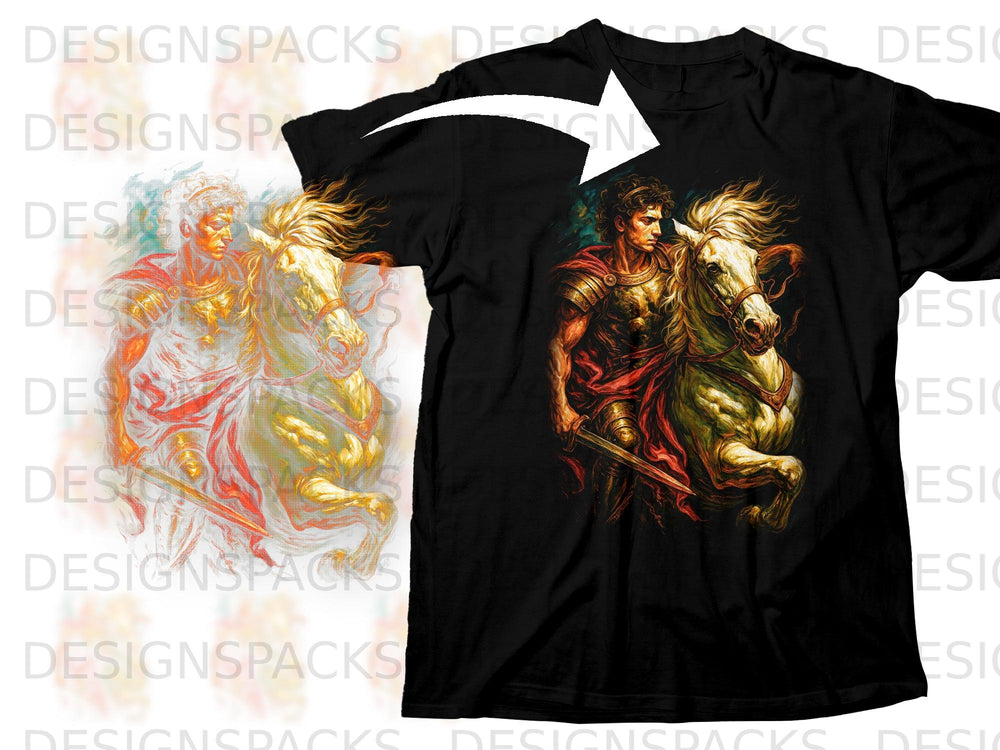 Black t-shirt with graphic of a man in armor riding a horse.
