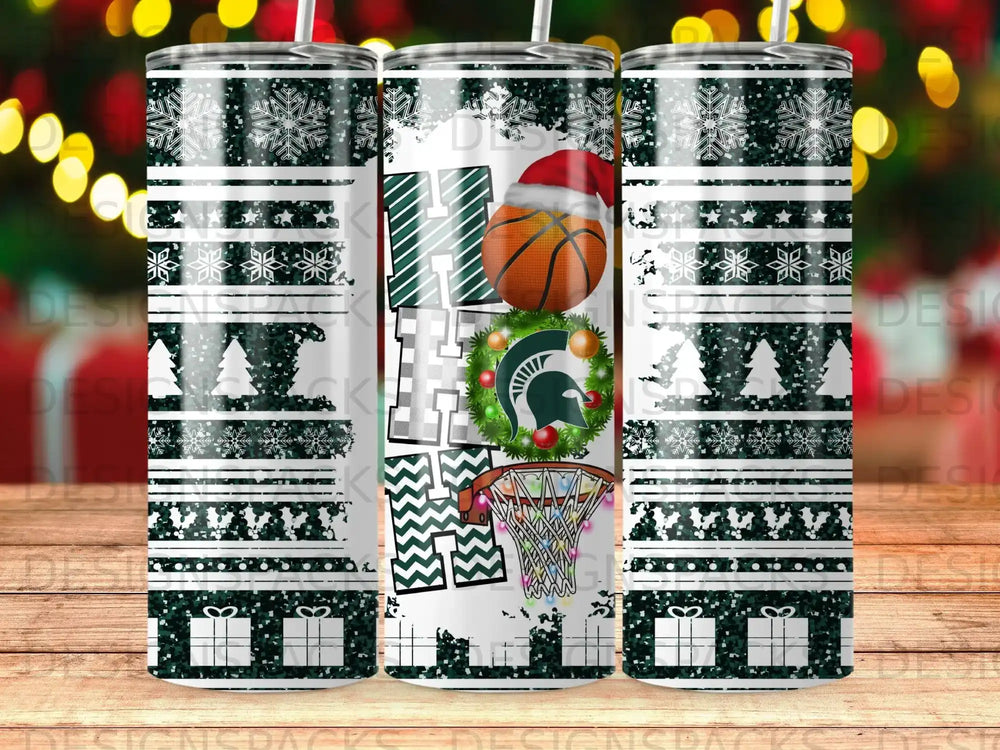 Christmas-themed tumbler with Michigan State Spartans logo and basketball.