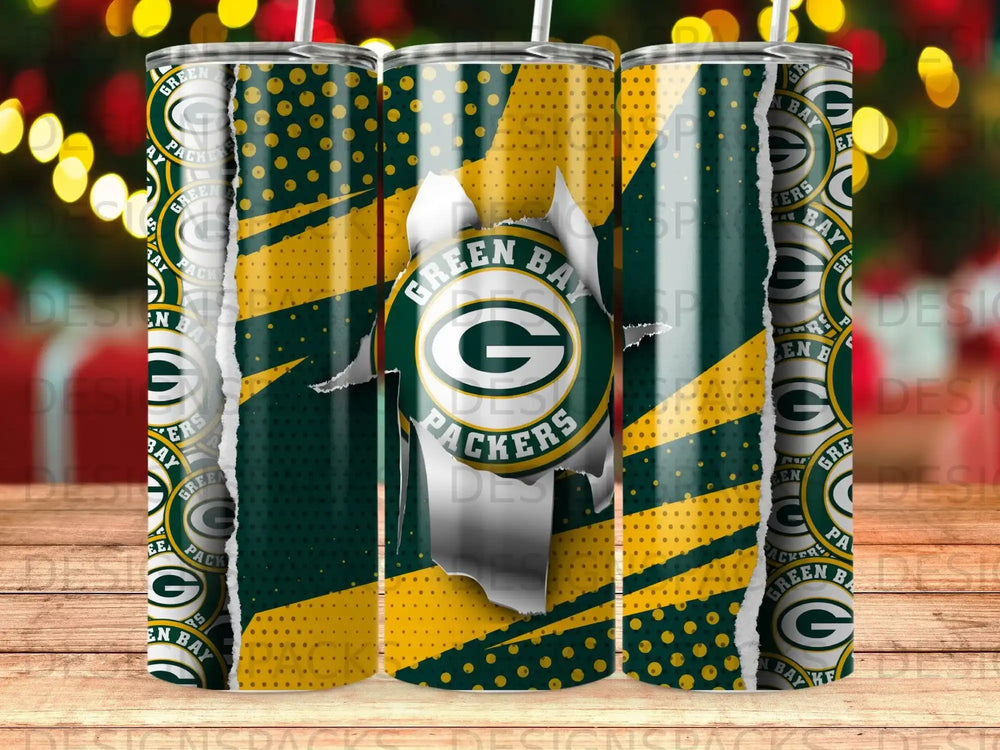 Green Bay Packers logo on torn paper tumbler.