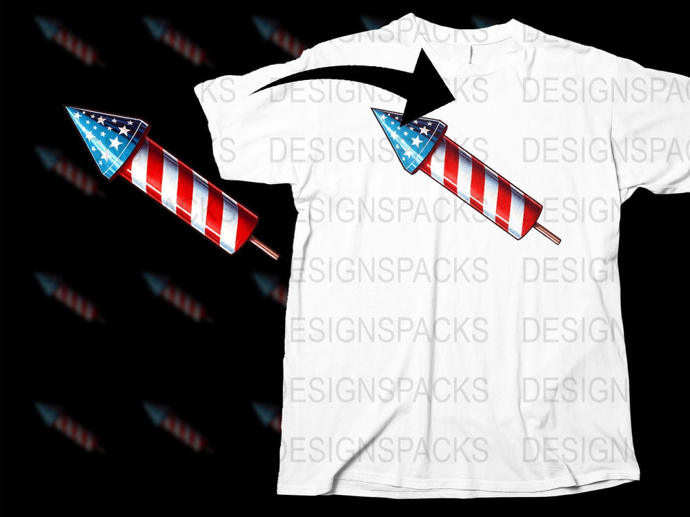Patriotic Fireworks Rocket USA Flag Design T-Shirt, Fourth of July Apparel, American Flag Graphic Tee for Independence Day Celebrations
