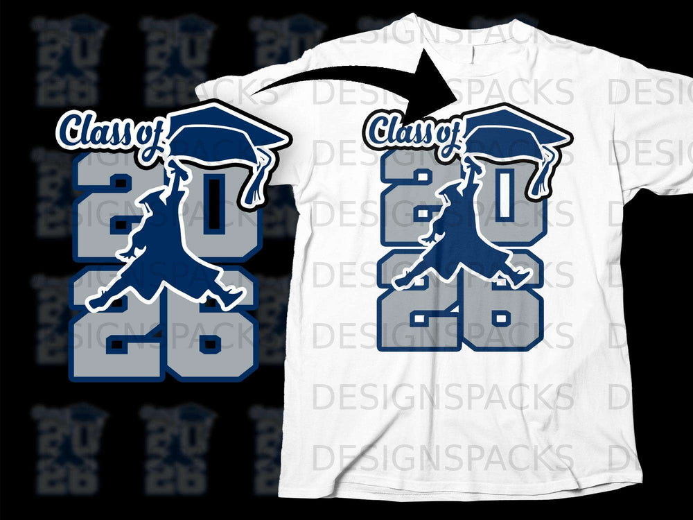 T-shirt design with "Class of 2026" text and graduation cap.