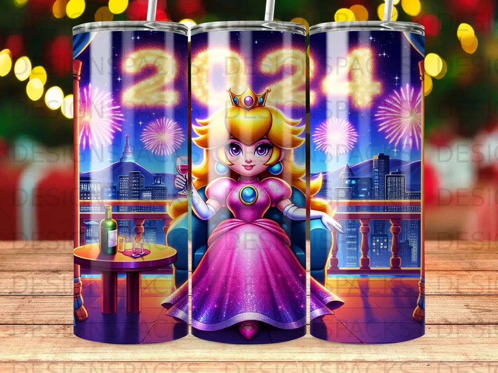 Princess Peach in pink gown with wine, celebrating New Year's Eve with fireworks.