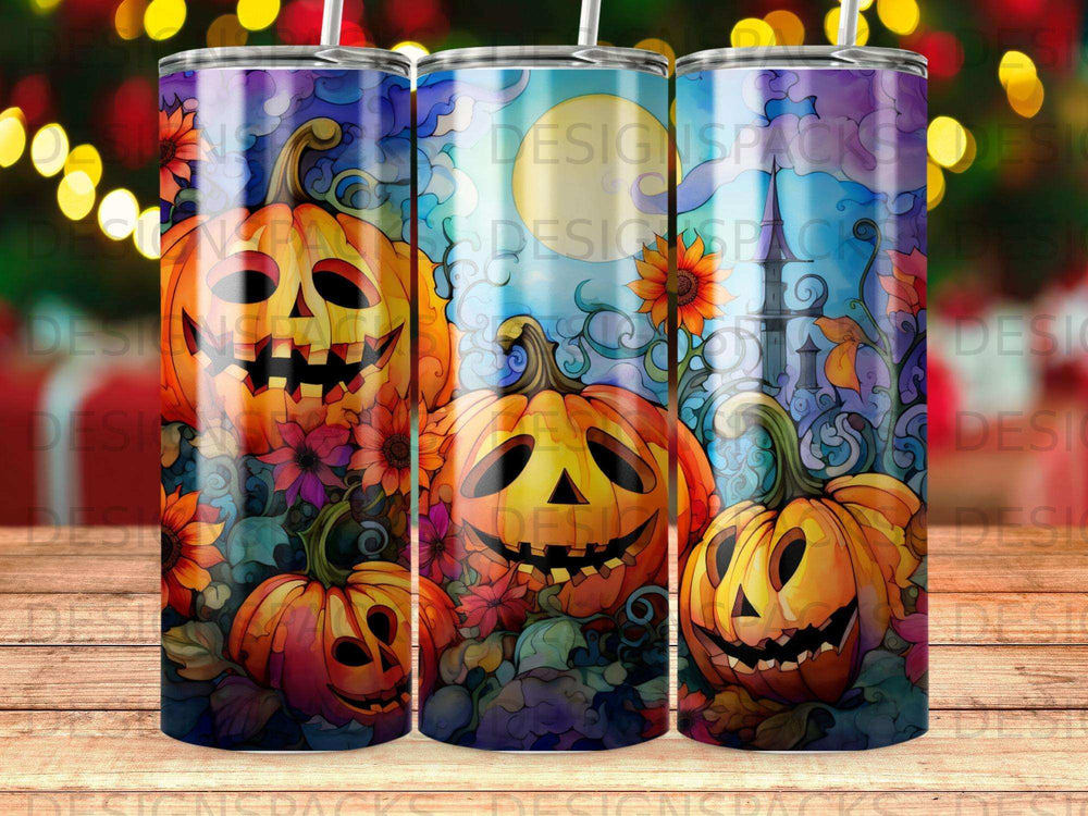 Three jack-o'-lanterns with floral accents against a moonlit, spooky background.