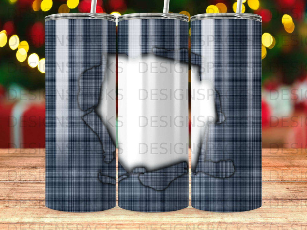 Blue plaid tumbler with a white silhouette of a boot.