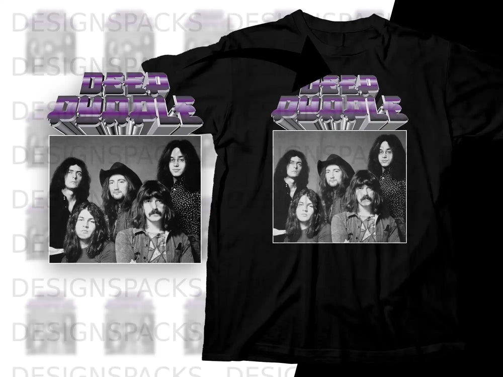 Deep Purple band members on a black t-shirt mockup.