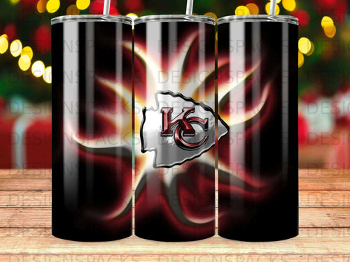Kansas City Chiefs logo on a dark, glossy tumbler with festive bokeh lights.