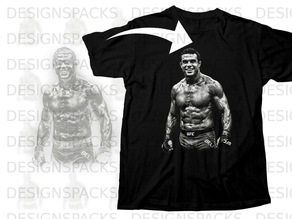 Black t-shirt with graphic of a muscular fighter wearing UFC shorts and gloves.
