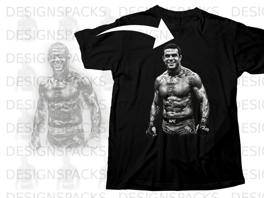 Black t-shirt with graphic of a muscular fighter wearing UFC shorts and gloves.