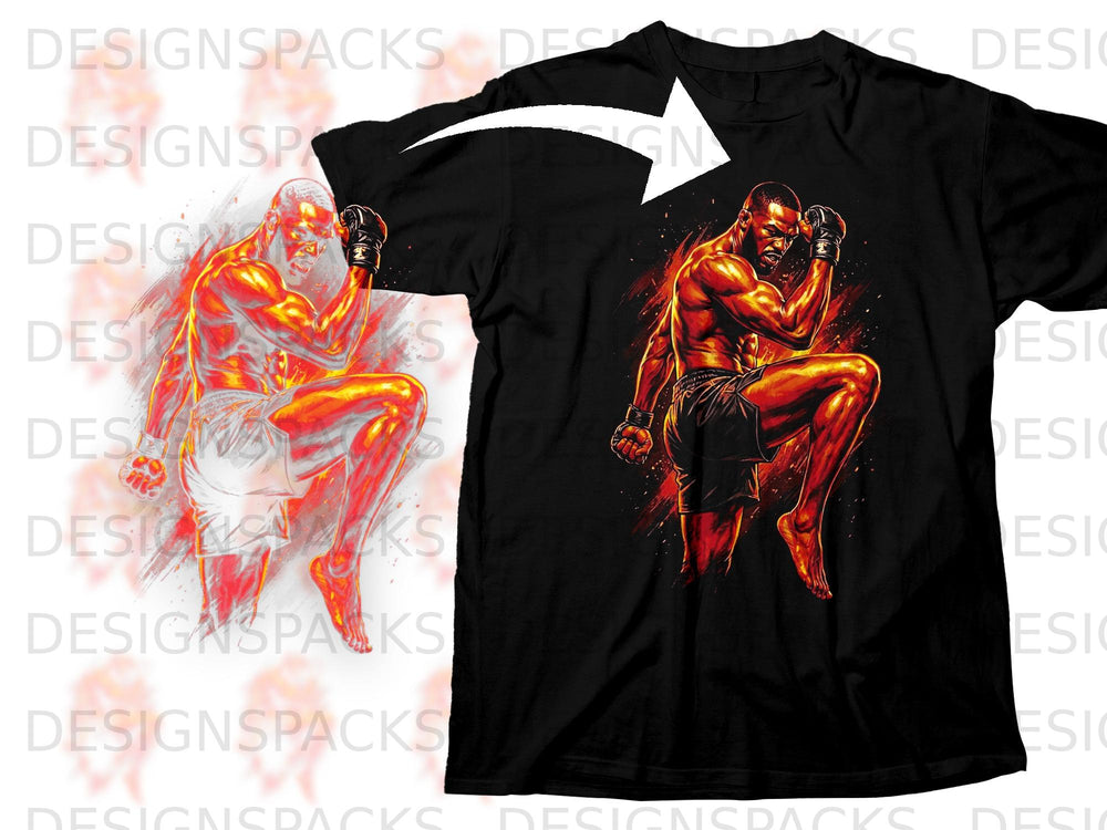 Black t-shirt featuring a graphic of a fighter with fiery red and orange accents.