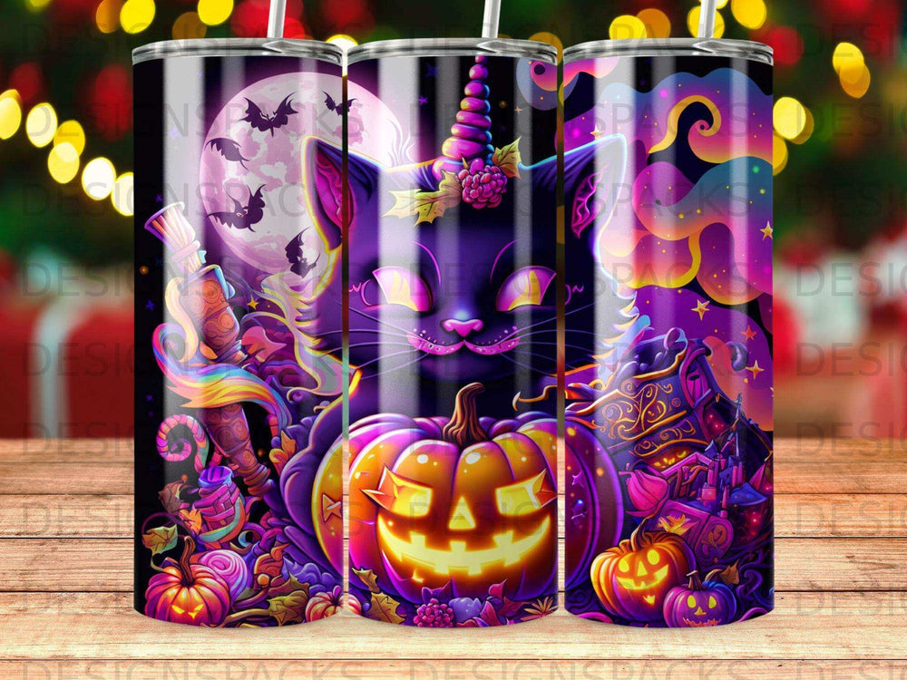 Halloween black cat with pumpkin, bats, and haunted houses on a tumbler.