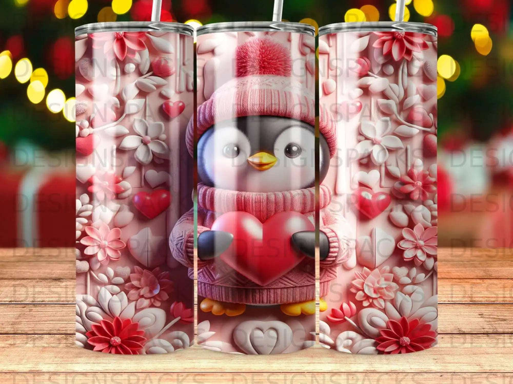 Penguin in a pink hat holding a heart, surrounded by floral decorations.