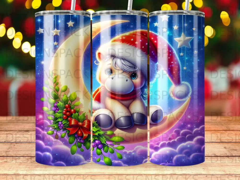 Cute horse in Santa hat sits on moon with festive garland.