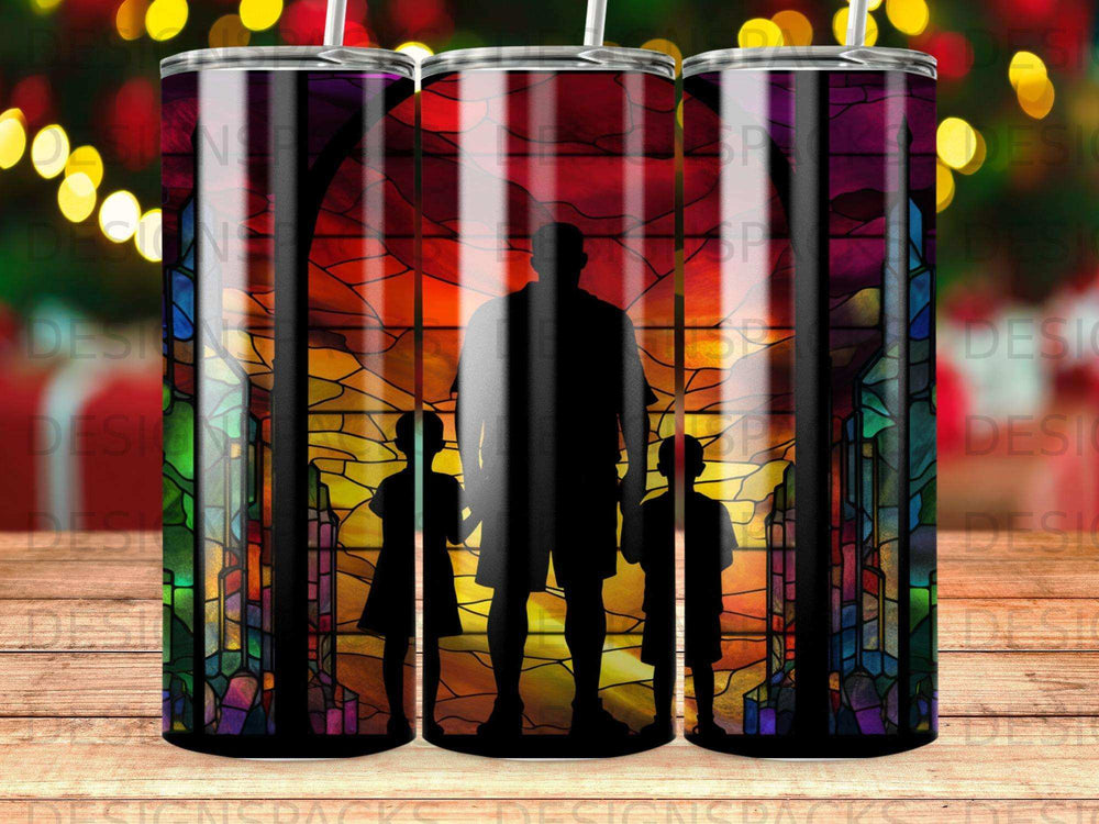 Silhouettes of a man and two children against stained glass window background.