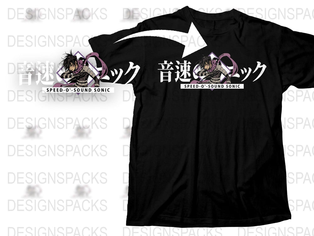 Anime Graphic T-Shirt, Speed-o'-Sound Sonic, Black Tee, Japanese Text, Casual Streetwear, Unisex Manga Shirt
