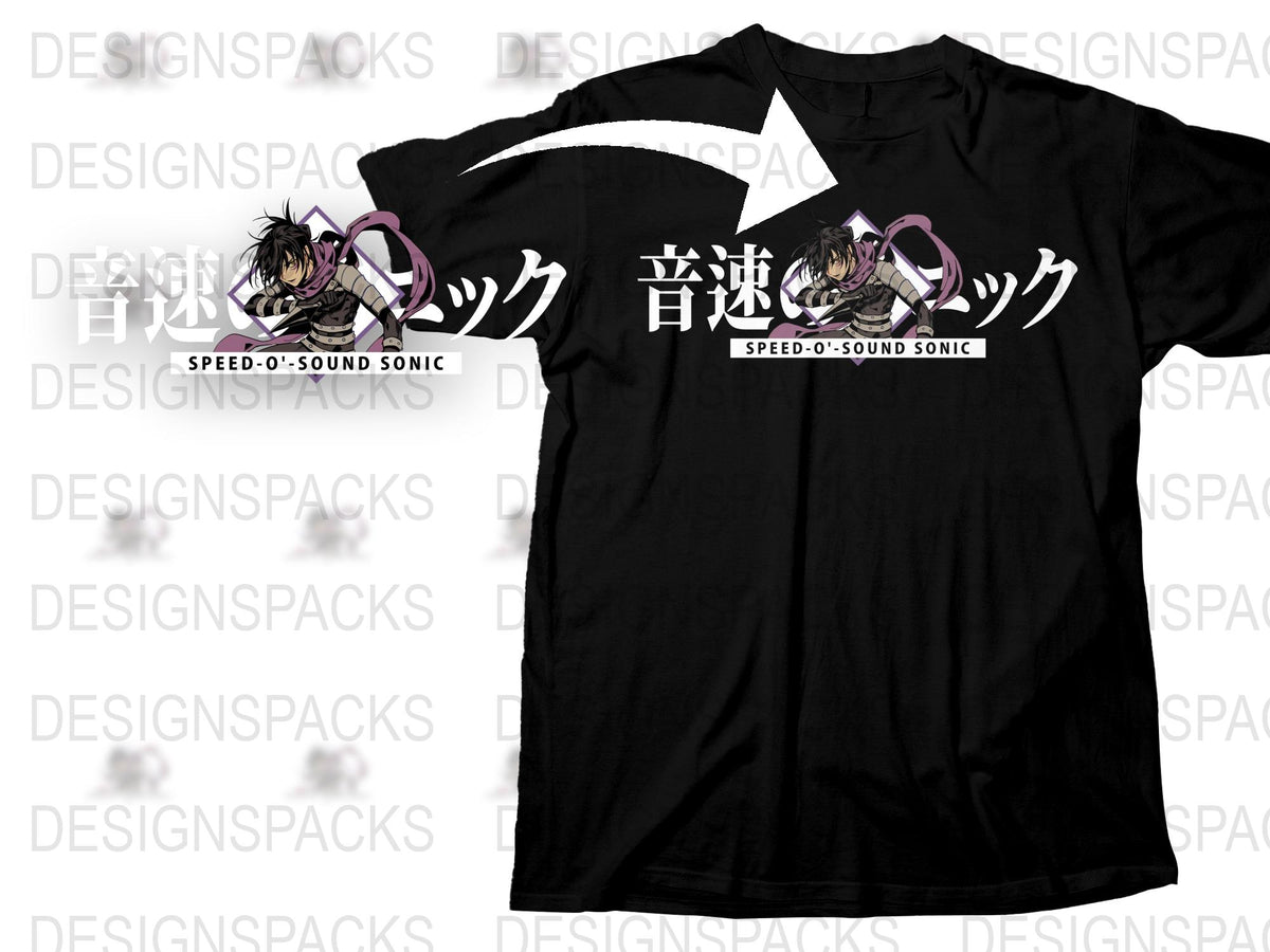 Anime Graphic T-Shirt, Speed-o'-Sound Sonic, Black Tee, Japanese Text, Casual Streetwear, Unisex Manga Shirt