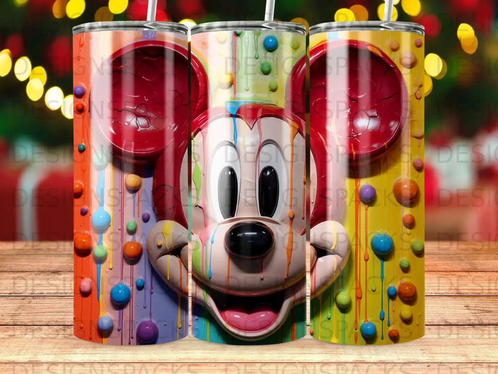 Mickey Mouse tumbler with colorful paint drips and bokeh background.
