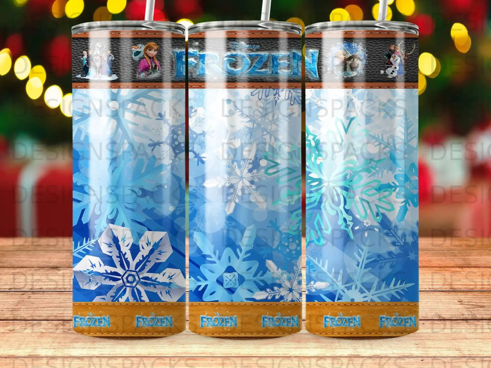 Three tumblers featuring Disney's Frozen characters and snowflakes.