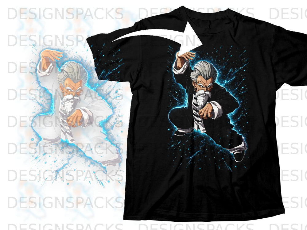 Black t-shirt with an anime character in a martial arts pose, surrounded by blue energy.