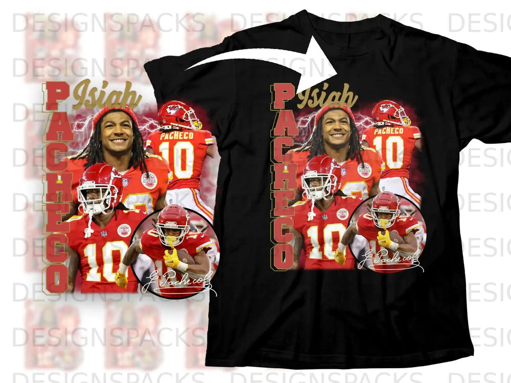Kansas City Chiefs player Isiah Pacheco #10 graphic on black t-shirt.
