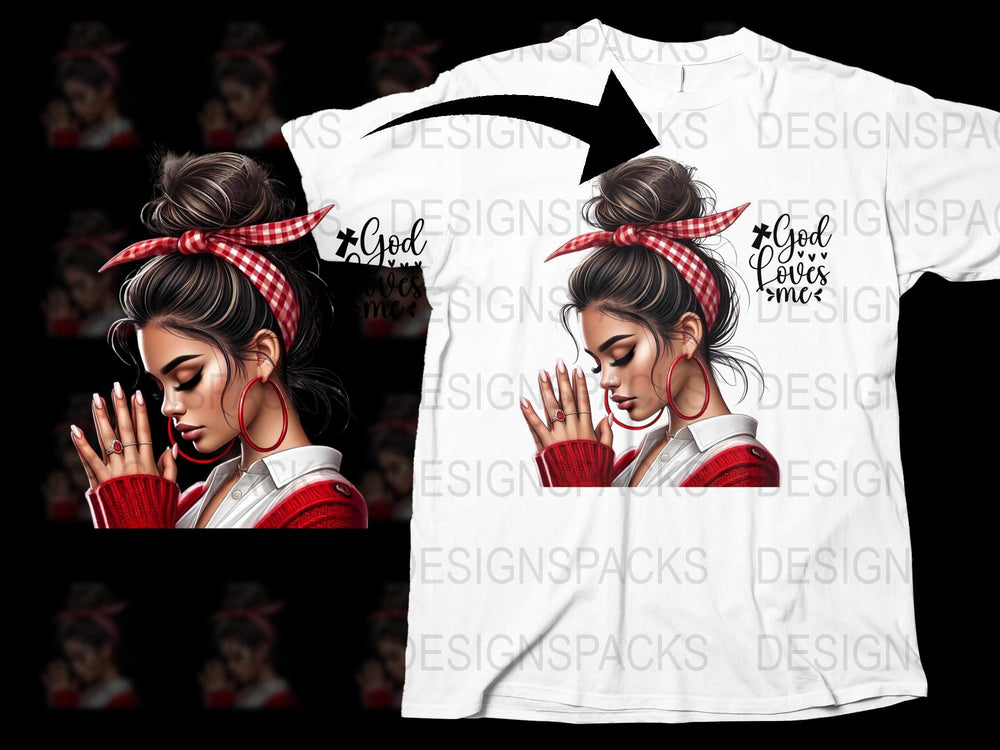 Women's Graphic Tee, Fashion Illustration, Stylish Girl Praying, Modern Casual Shirt, Artistic Apparel, Unique Streetwear Design