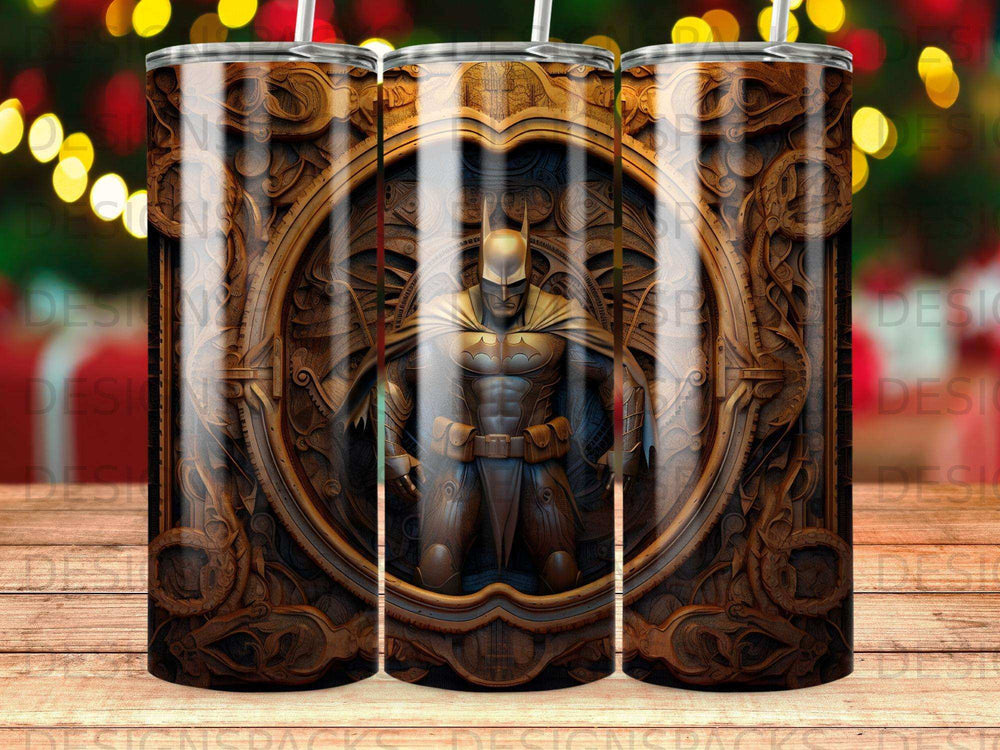 Batman emblem on a wooden, textured background with a metallic effect.