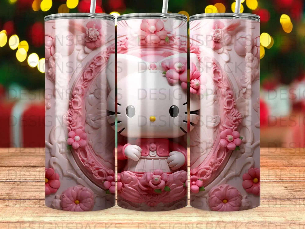 Pink Hello Kitty tumbler with floral accents and a textured frame.