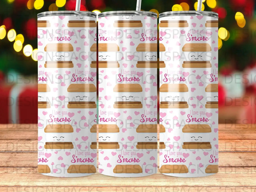 Tumbler with repeating pattern of s'mores and "I love you" text.