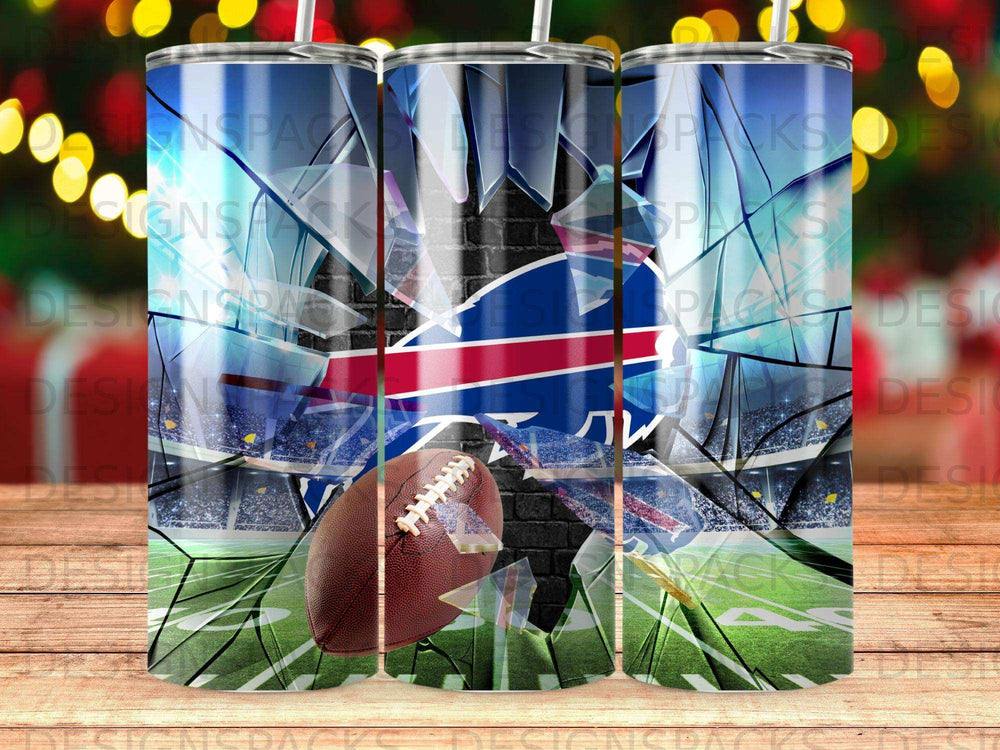 Buffalo Bills football team logo shattering a brick wall on a stadium background.